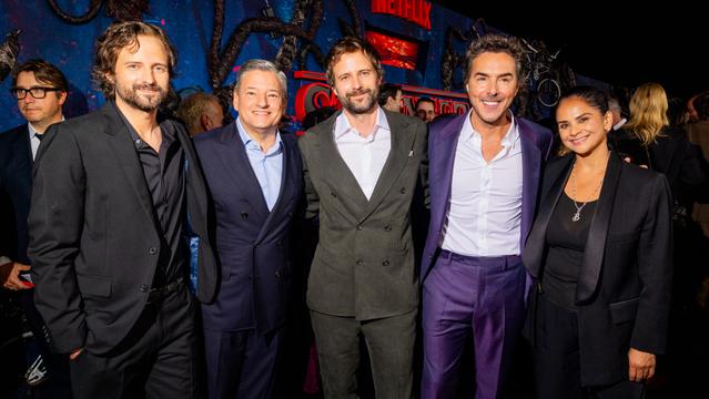 HOLLYWOOD, CALIFORNIA - NOVEMBER 06: (L-R) Matt Duffer, Ted Sarandos, Co-CEO, Netflix, Ross Duffer, Shawn Levy, and Bela Bajaria, CCO, Netflix, attend Netflix's "Stranger Things" Season 5 World Premiere at TCL Chinese 6 Theatres on November 06, 2025 in Hollywood, California. (Photo by Roger Kisby/Getty Images for Netflix)