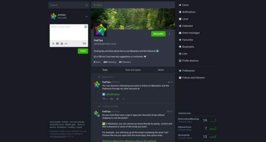 Screenshot of Mastodon desktop interface with green and dark theme activated