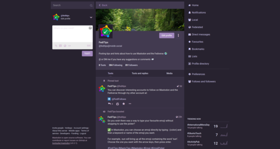 Screenshot of Mastodon desktop interface with dark purple witches town theme activated