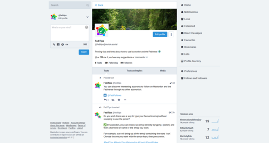Screenshot of Mastodon desktop interface with light theme activated