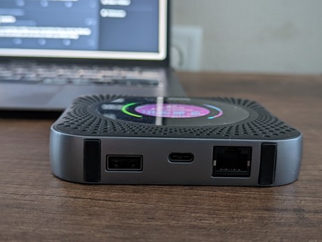 It has 3 ports:
USB 2.0, USB-C, WAN port 

Also it has 2 external antennas ports hidden with rubber pads