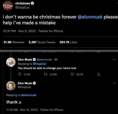 DojaCay asking Elon why the name cannot be changed. Elon replies, you can now. DojaCat: Thanks! With Elon Musk as name tihi