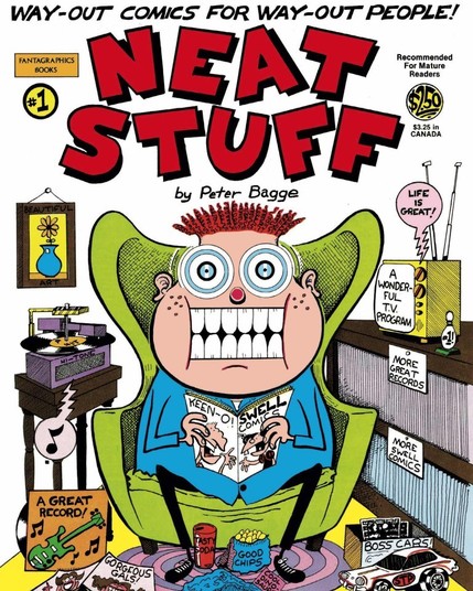 pete badges cover of Neat Stuff number one, with a guy surrounded by messy piles of records, comics, potato chips