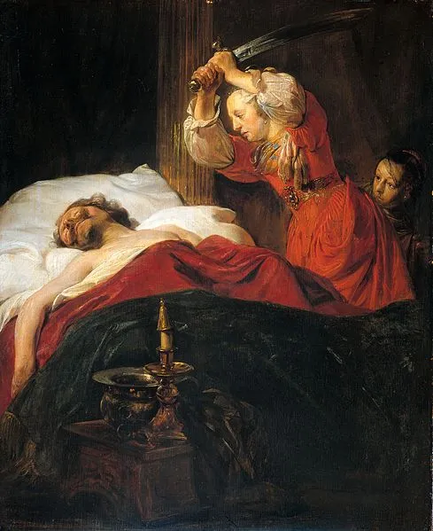 Judith standing over holofernes with the sword in hand
