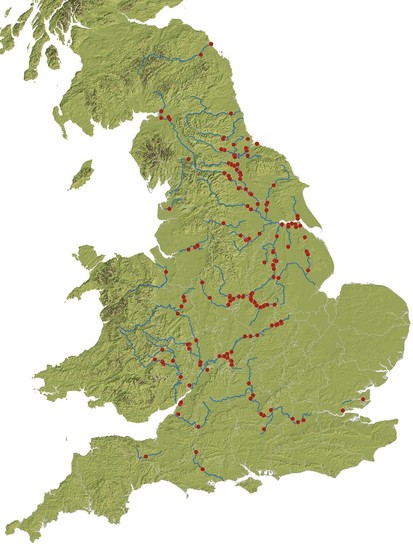 Distribution map of English place-names taking the form X-on/upon-Y river. Shown as red dots. Only named rivers drawn. The names concentrate in the Midlands and north, and are sparse in the south and east.