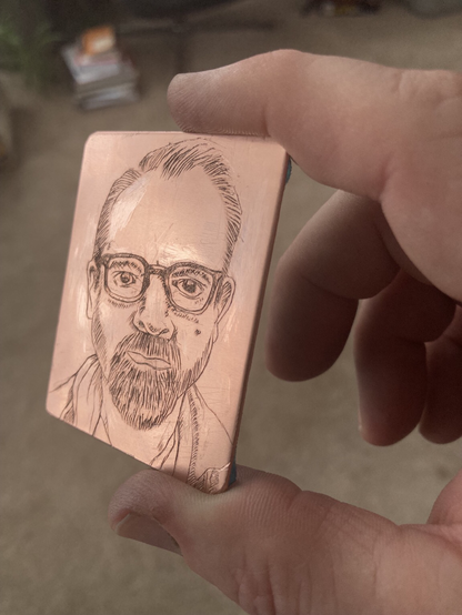 Engraved copper plate. Self portrait.