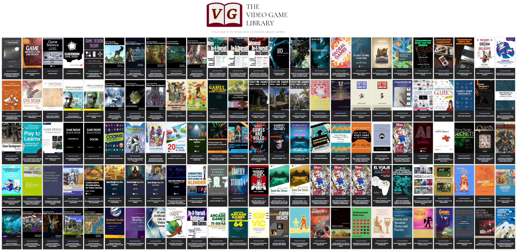 A screenshot of over 100 Game Development book covers from The Video Game Library