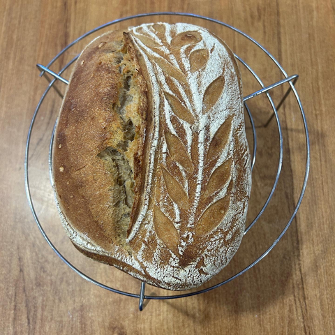 The bread seen from the top. On the left the ragged tear made by the exploding gas in the bread; you make one big slice to steer that process. On the right I made a leaf pattern from too to bottom that worked out quite well. 