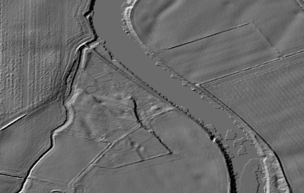 Lidar image of the embankment workings at Fiskerton, Nottinghamshire. Showing as a discrete area of disturbed ground.