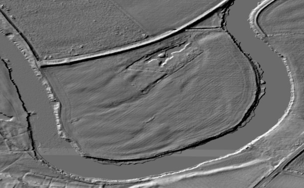 Lidar image of the embankment workings at Rollestone, Nottinghamshire. Showing as a discrete area of disturbed ground within rectangular enclosure.