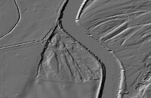 Lidar image of the embankment workings at Staythorpe, Nottinghamshire. Showing as a discrete area of disturbed ground immediately behind the embankment. The cuts for the two stone-lined sluice gates are visible.