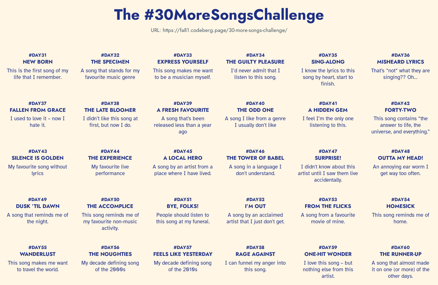 All 30 new challenges in a screenshot. Check the following URL (also mentioned in the post) for a text representation: https://fa81.codeberg.page/30-more-songs-challenge/