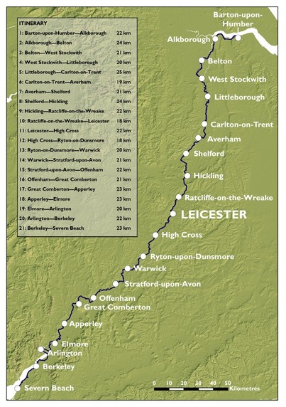Map showing my walk route from the Humber Bridge to Severn Bridge against a green topographical background. Places along the way shown as white dots with white lettering. Top left, the 21 daily stages with distances.
