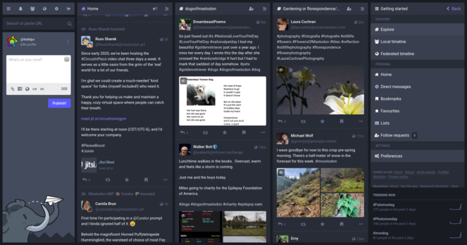 Screenshot of Mastodon's website interface in advanced multicolumn mode, with five columns next to each other, each showing different content.
