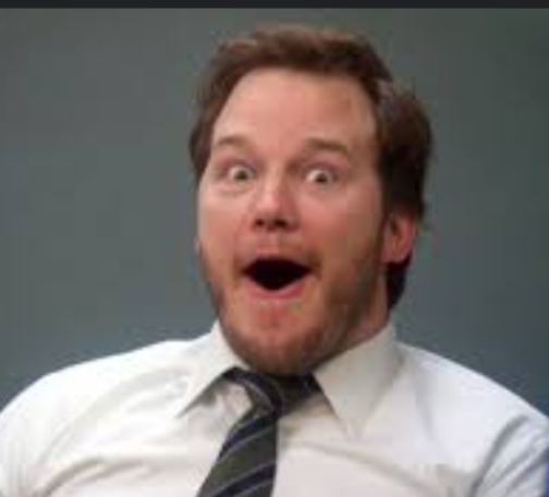 Stock image of chris pratt with his excited, surprised smile face