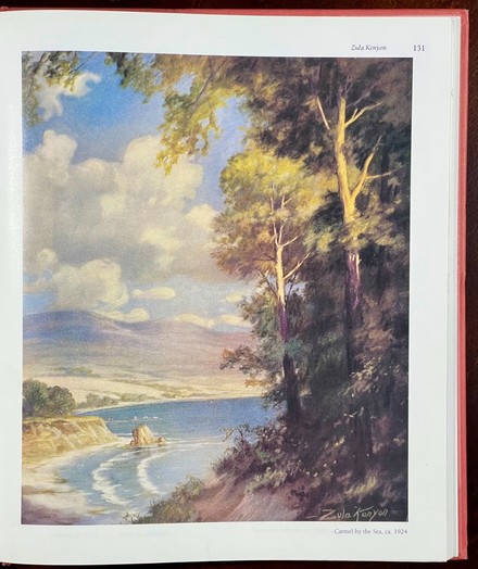Page 131 features Zula Kenyon's color illustration entitled "Carmel By The Sea" which depicts waves flowing into a rocky cove. A few trees dominate the right foreground. In the background beyond the cove, the sea expands into a larger bay with mountainous hills and puffy clouds even further back.