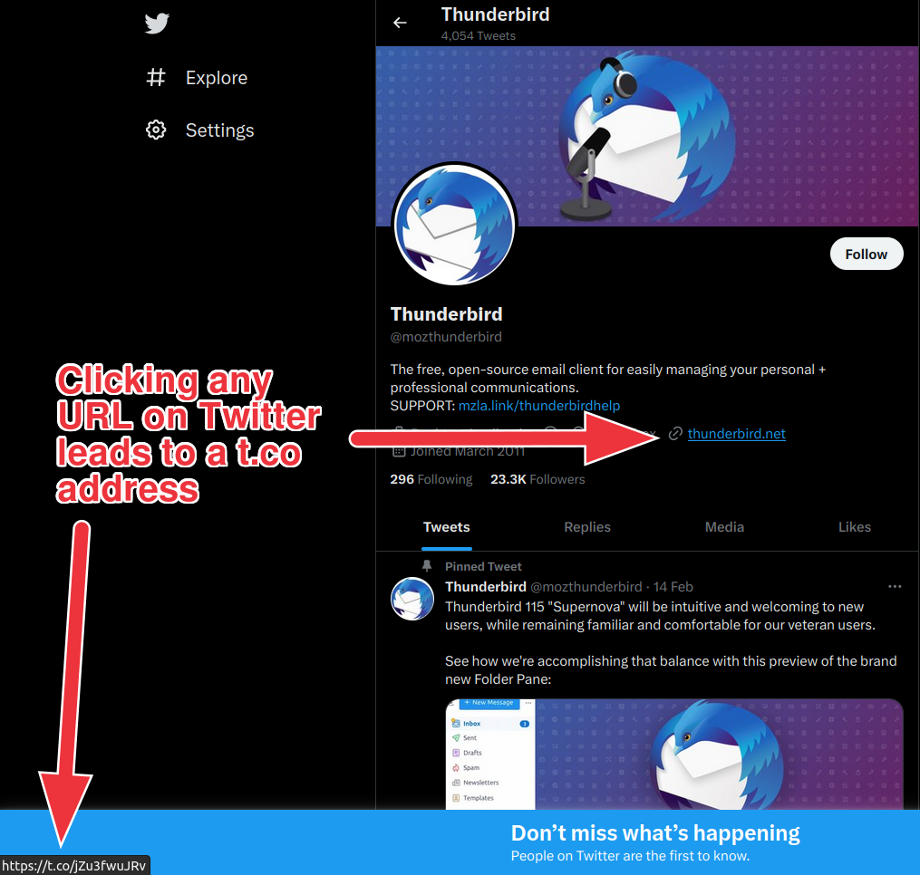 Screenshot of page from Twitter where a link and its actual URL are highlighted with arrows. The actual URL is shown in the bottom left corner when hovering over the link in Firefox.