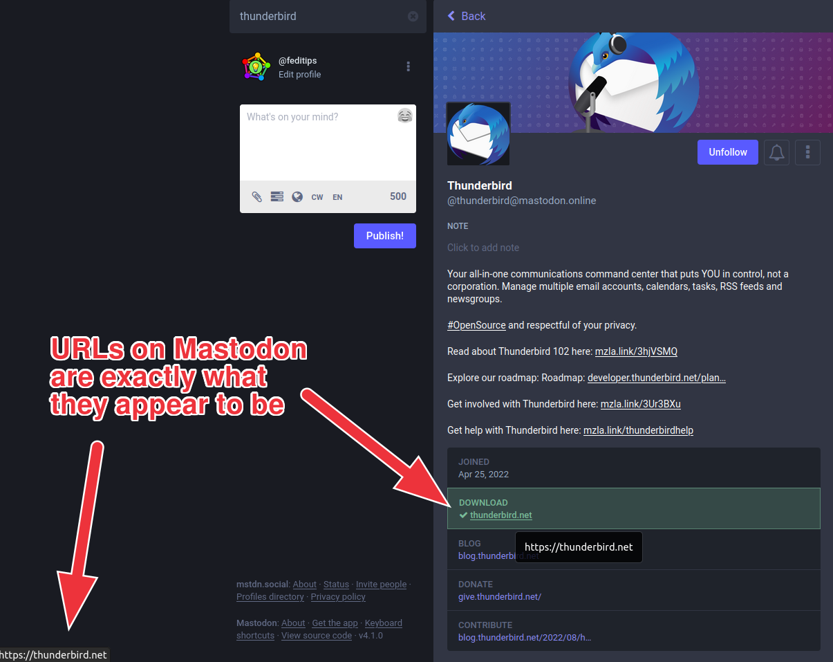 Screenshot of Mastodon with a profile's links highlighted, showing that a link to thunderbird.net does actually lead to the URL thunderbird.net.