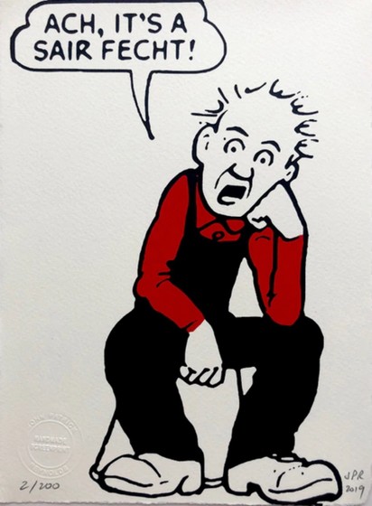 Comic character Oor Wullie sitting on his upturned bucket, chin on fist, saying “Ach, it’s a sair fecht.”