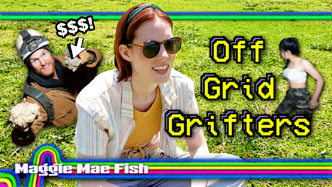 Thumbnail for Maggie Mae Fish's "Off Grid Grifters" video essay. Maggie is sitting on a lawn, flanked by two off-gridders on either side.