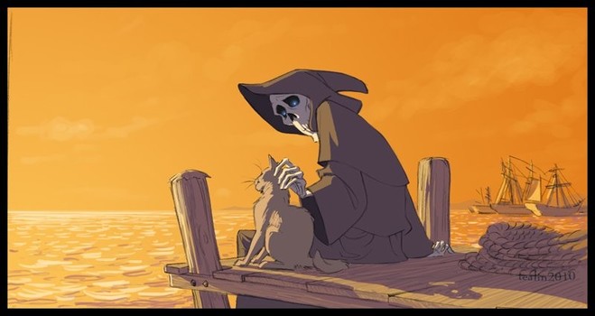 Illustration done in the style of an animated movie, showing the character of Death from the Discworld books, a hooded figure with a skull face, sitting on a dock at dusk. Next to him there is a stray cat, looking a bit scrawny, he has his hand over her head, gently petting her, and the cat is slightly leaning toward him in satisfaction and he is looking at the cat with visible affection. There is a clear sky, the sea, and a couple of boats in the background.