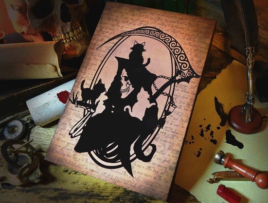 A silhouette portrait of Death, a skull-faced, hooded grim reaper figure, holding a large scythe with a little chain and an hourglass hanging from it, holding a little kitten in his skeletal hand, looking at it lovingly, with another kitten sitting on his head and a third kitten on his shoulders playing with the hourglass hanging from his scythe.
