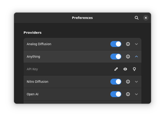 The new preferences window of Imaginer with the ability to save API credentials and to enable/disable provider