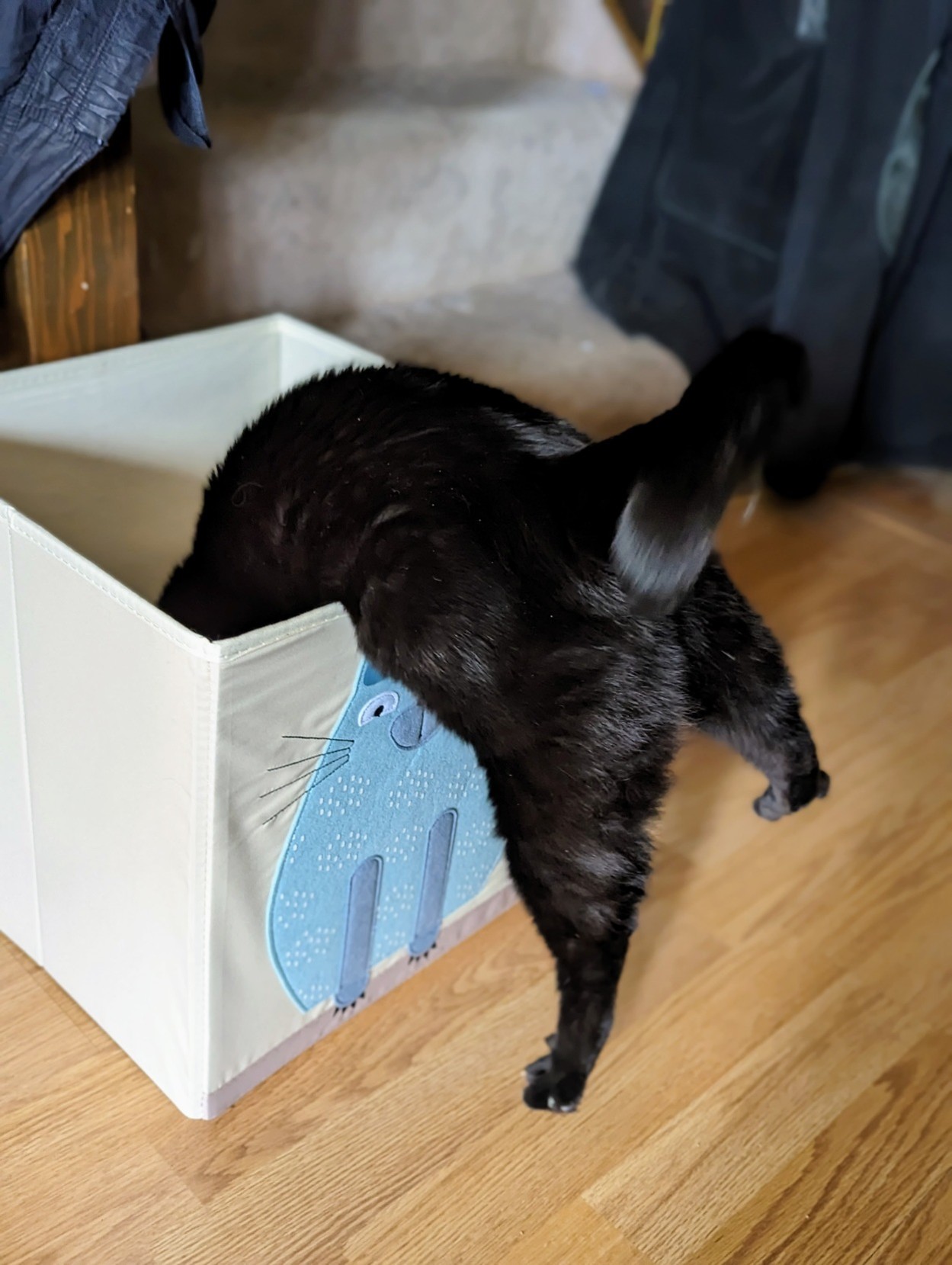 A black cat is jumping into a fabric box with a blue cat on its side.  Unfortunately she didn't jump high enough and has her belly caught on the edge of the box and her feet all splayed out. 