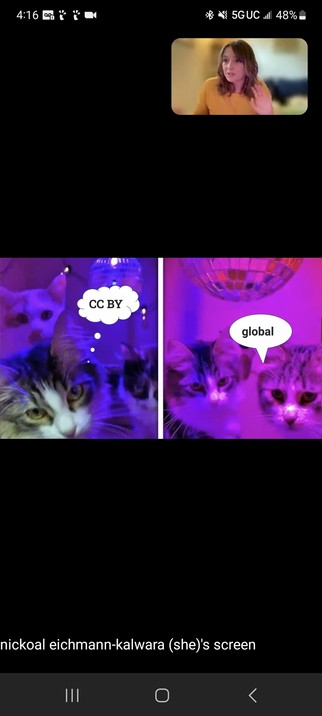 Cats, one saying CC-BY and another two saying global 