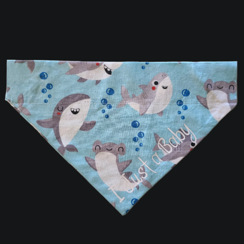 Our cute happy cartoon shark bandana that says "I Just A Baby"