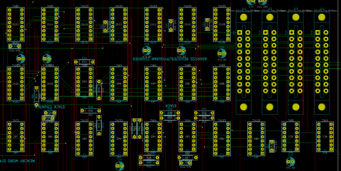 A closer view of the board. Chips run north to south, as to the memory card connectors. Green traces run horizontally, red vertically.

The four stack chips or in the centre row, address registers in the row above. Utility chips off to the left.

The RAM chips making up the stack output inverted data. This is inverted back to normal (mostly) by chips on the bottom row.

These RAM chips have open collector outputs which require pull up resistors which dot the area.