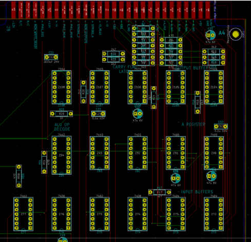The routed PCB. The edge connector is at the top. Below that an array of resisters, then the two output buffer/inverter ICs. The next row down is the two 7495 register ICs and the the bottom the two input buffer/inverter ICs.