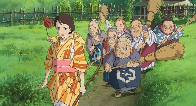 Natsuko and 7 old women behind walking with mad expression. The elders are bringing their broom stick. While Natsuko is holding her bow.