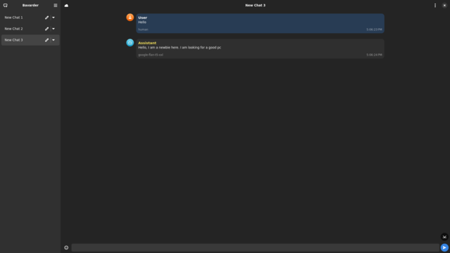 The new Bavarder UI with a sidebar and a sample chat