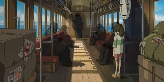 Chihiro and Kaonashi coming in to the train, crossing the sea to Zeniba's house.

Anime: Spirited Away (2002)