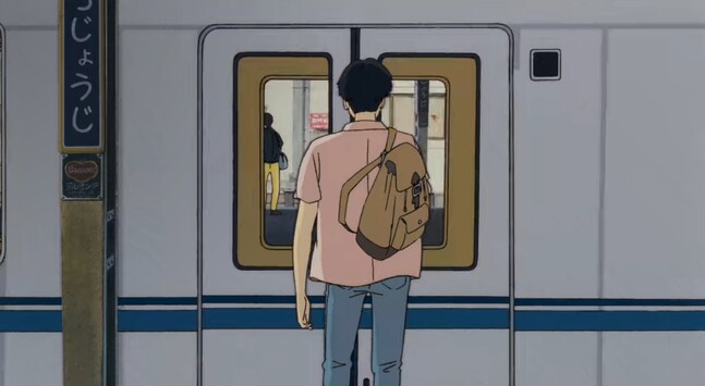Toku Morisaki standing in front of the train door, waiting it to be opened. 

Anime: Ocean Waves (1993)
