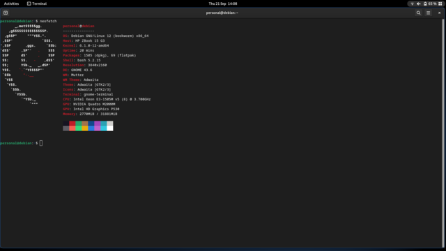 Debian 12 with GNOME 43.6 desktop. Neofetch displayed in GNOME Terminal. 1505 Debian packages and 69 flatpaks. Using Adwaita Dark theme.