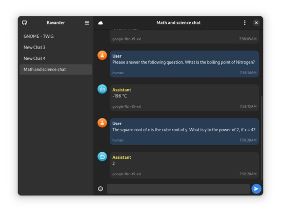 Multi Chat ui of bavarder in desktop mode with a chat about maths and science
