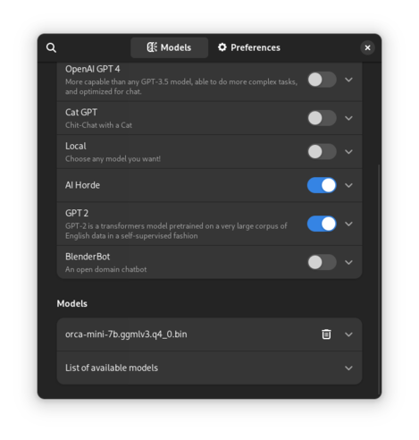 New preferences window with providers and models and clear all chats