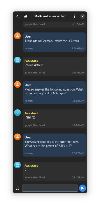 Multi Chat ui of bavarder in mobile mode with a chat about maths and science