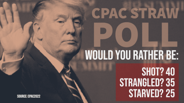 CPAC STRAW POLL

Would you rather be:
Shot?  40
Strangled? 35
Starved? 25