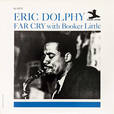 Eric Dolphy plays the saxophone intently on the cover of his album with Booker Little, Far Cry. 