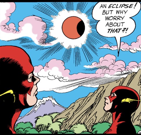 Silver Age Flash and Kid Flash in a remote, majestic mountainous land stare upward at a disappearing orange sun. "An eclipse!" says Kid Flash. "But why worry about that?!"