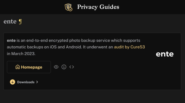Ente's listing on Privacy Guides