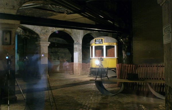 Tunnel - part of the old abandoned trolley system subway in Cleveland, Ohio. With a mockup of an old tram car.