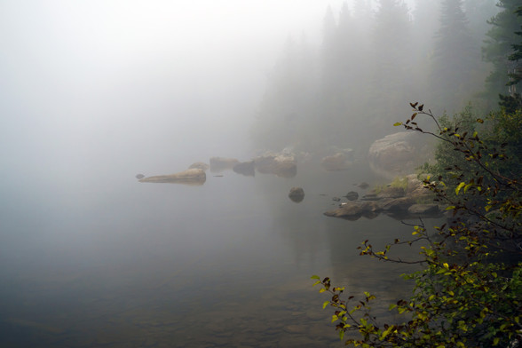 Photo of Bear Lake in Rocky Mountain National Park. The lake is shrouded in fog. There is a bush at the right edge of the frame, and some rocks in the water are dimly visible in the midground, and barely visible in the background, with pine trees almost completely hidden. September 2017.