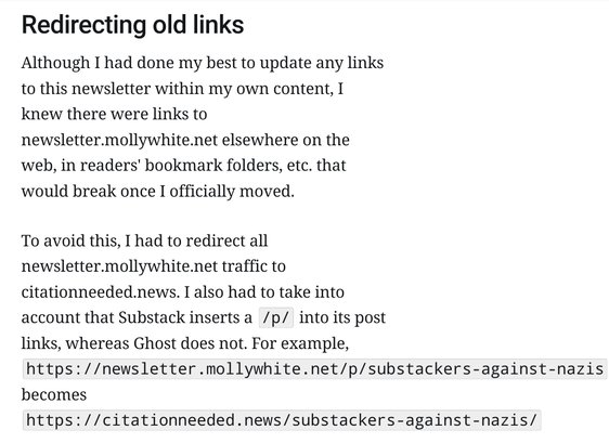 Screenshot of the article in Firefox Focus showing URLs in <code> tags not breaking across lines and extending out to the right, beyond the normal column of text for the article