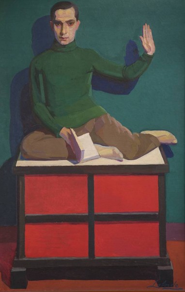 A painting of a man in green sweater with a book in his right hand sitting on top of a red cabinet
