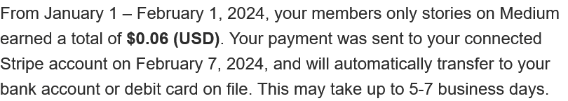 Medium email stating that I am getting paid $0.06 this month