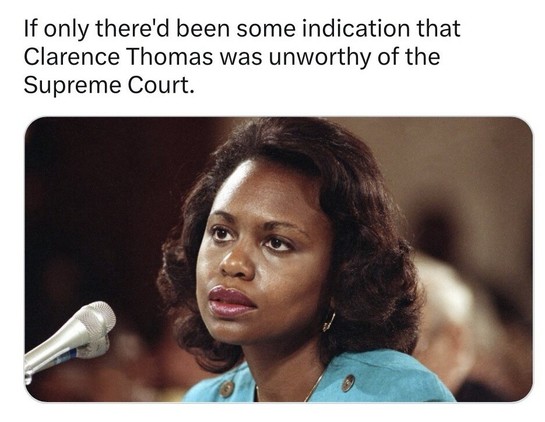 A photo of Anita Hill testifying against Clarence Thomas; she looks weary, hopeless, beaten down—because by the time this photo was snapped, she was. Photo caption reads, "If only there'd been some indication that Clarence Thomas was unworthy of the Supreme Court."